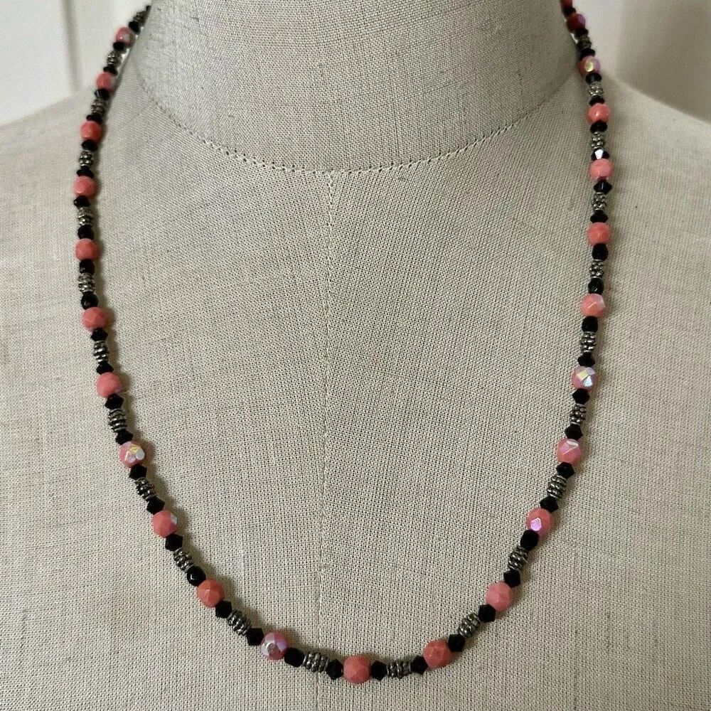 Pink black and silver beaded necklace